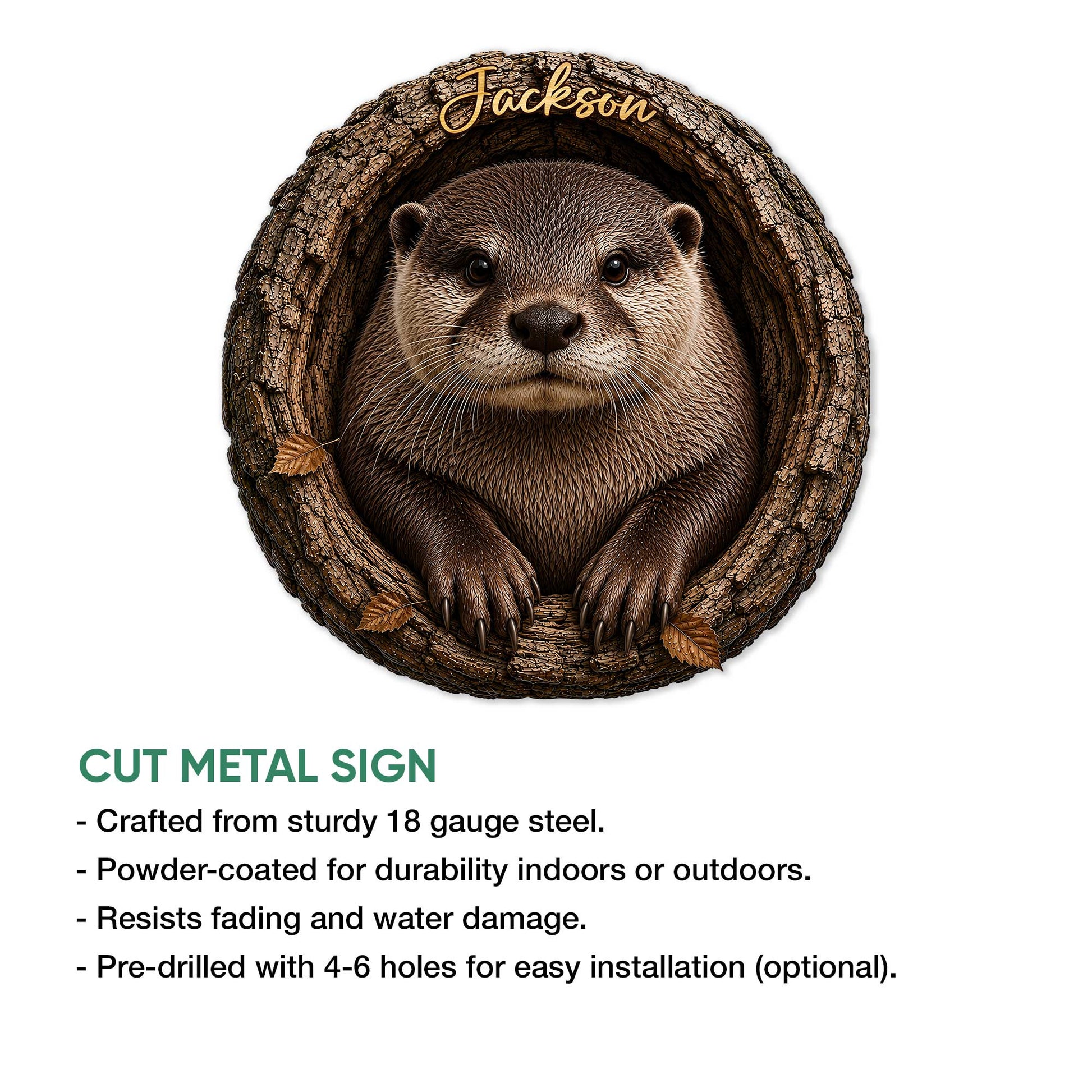 Otter metal sign feature infographic showing the detailed log-framed wildlife design