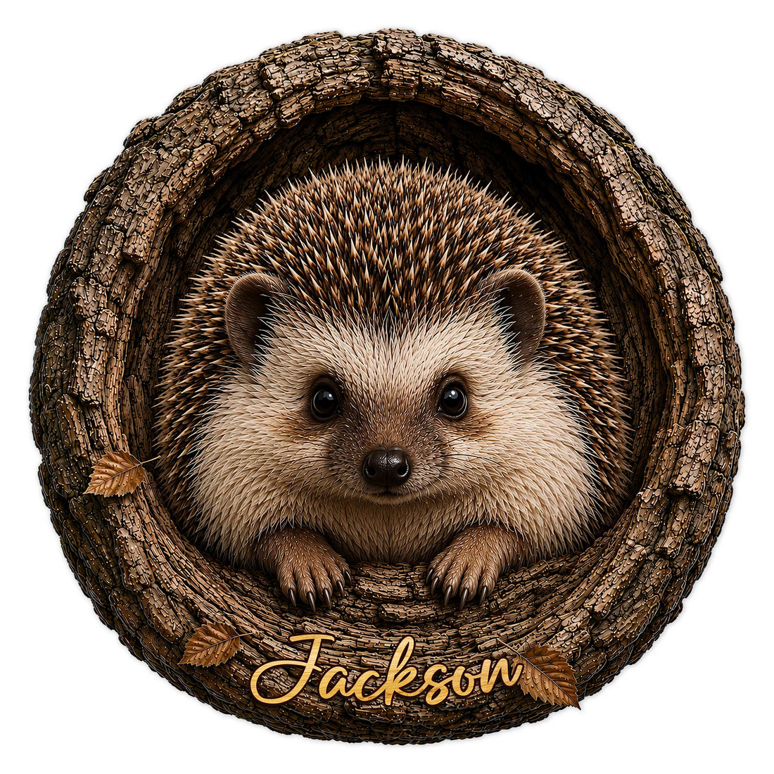 Detailed hedgehog metal sign nestled inside a textured tree hollow with autumn leaves