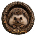Detailed hedgehog metal sign nestled inside a textured tree hollow with autumn leaves