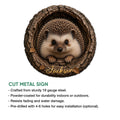 Hedgehog cut metal sign shown with a product feature information guide