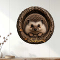 Hedgehog metal wall sign displayed on a light wood-paneled interior wall