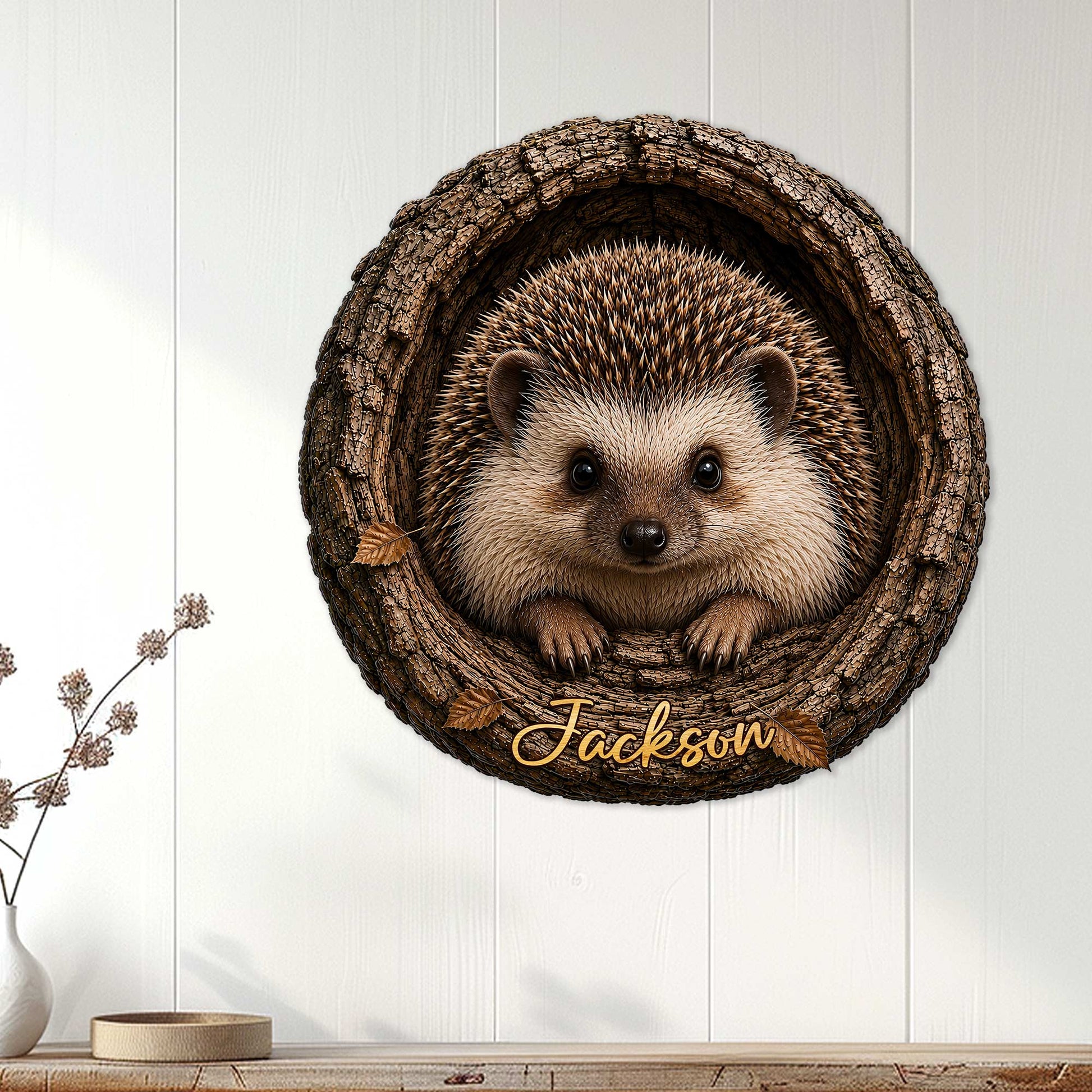 Hedgehog metal wall sign displayed on a light wood-paneled interior wall