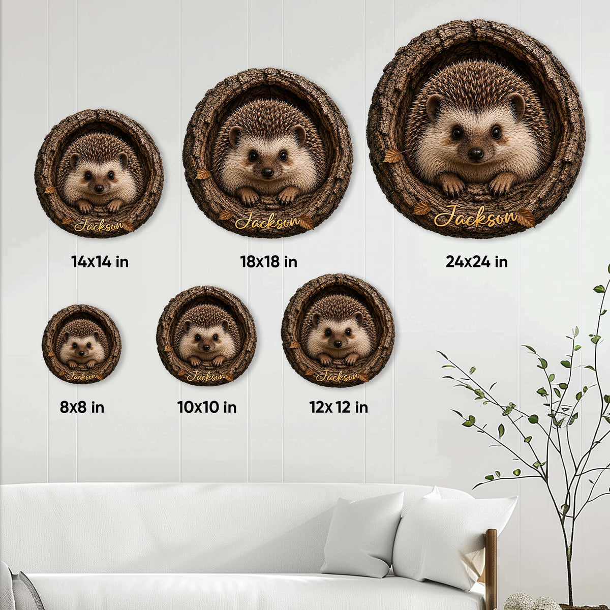 Hedgehog metal sign size comparison showing six available square dimensions