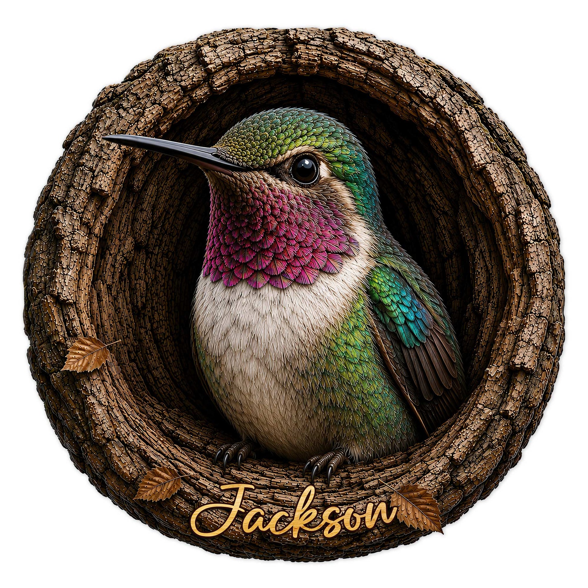 Colorful hummingbird perched inside a rustic tree nest on a round metal sign