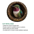 Hummingbird metal sign feature graphic showing cut steel construction and optional hanging holes