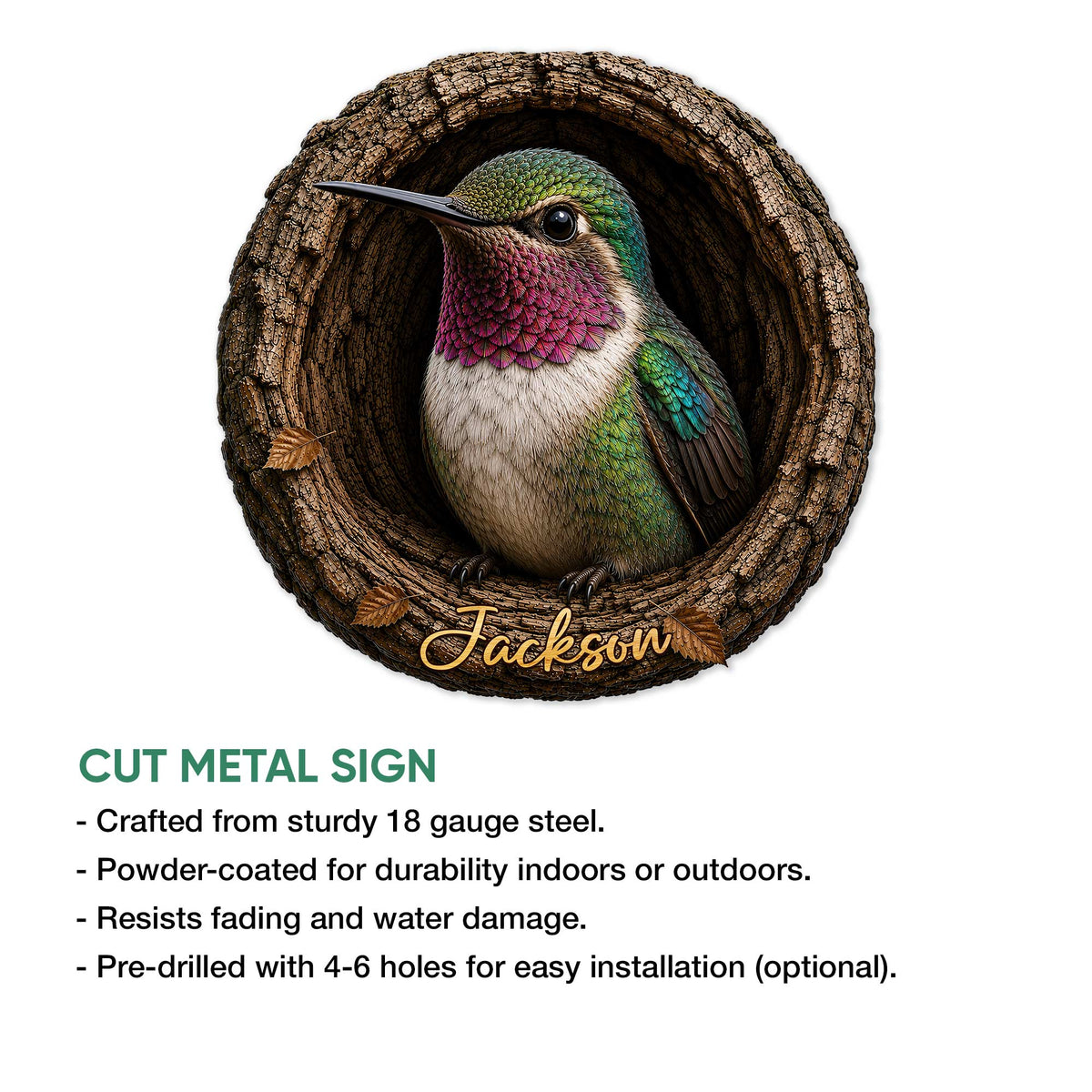 Hummingbird metal sign feature graphic showing cut steel construction and optional hanging holes