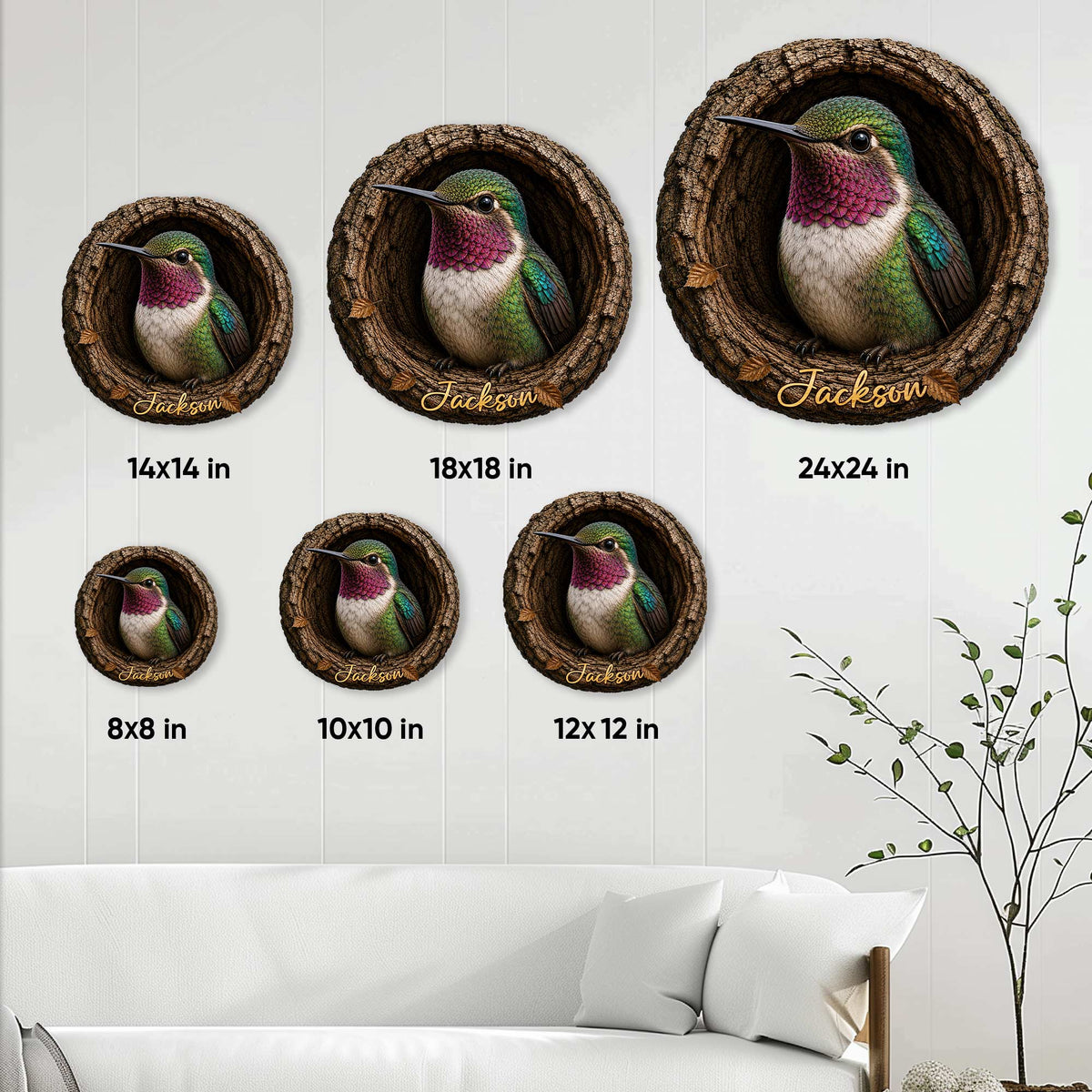Hummingbird metal sign size guide displaying six available round size options in a living room