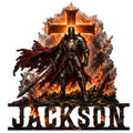 Knights Templar metal sign featuring an armored medieval knight, sword, fiery cross, and dramatic red cape
