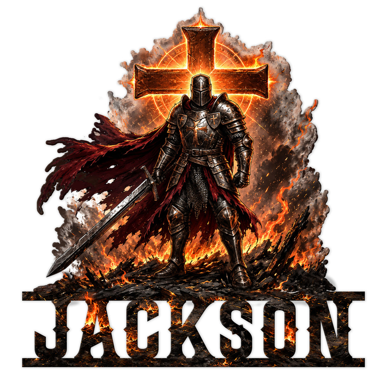 Knights Templar metal sign featuring an armored medieval knight, sword, fiery cross, and dramatic red cape