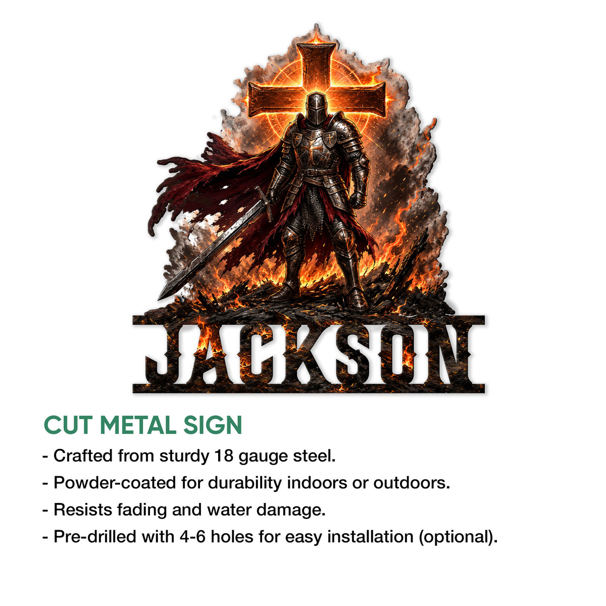 Knights Templar cut metal sign feature graphic showing an armored knight beneath a glowing cross