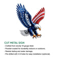 Flying American eagle metal wall sign shown with a cut-metal design and bold patriotic colors