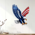 Patriotic eagle wall decor displayed on a light paneled wall above a console table