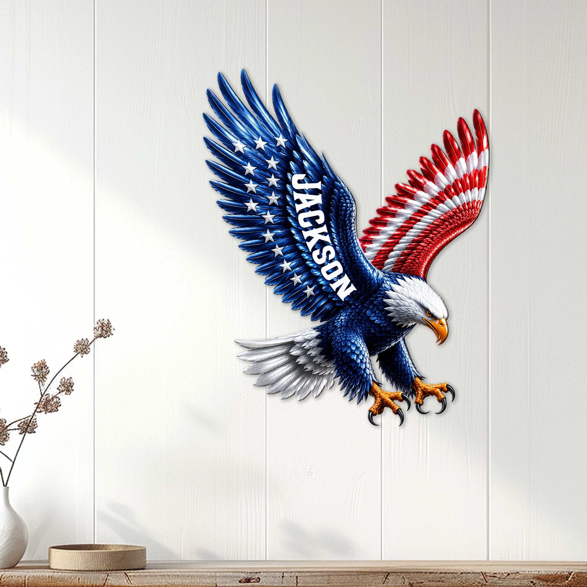 Patriotic eagle wall decor displayed on a light paneled wall above a console table