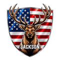 Custom deer hunting metal sign with a detailed buck portrait over an American flag shield