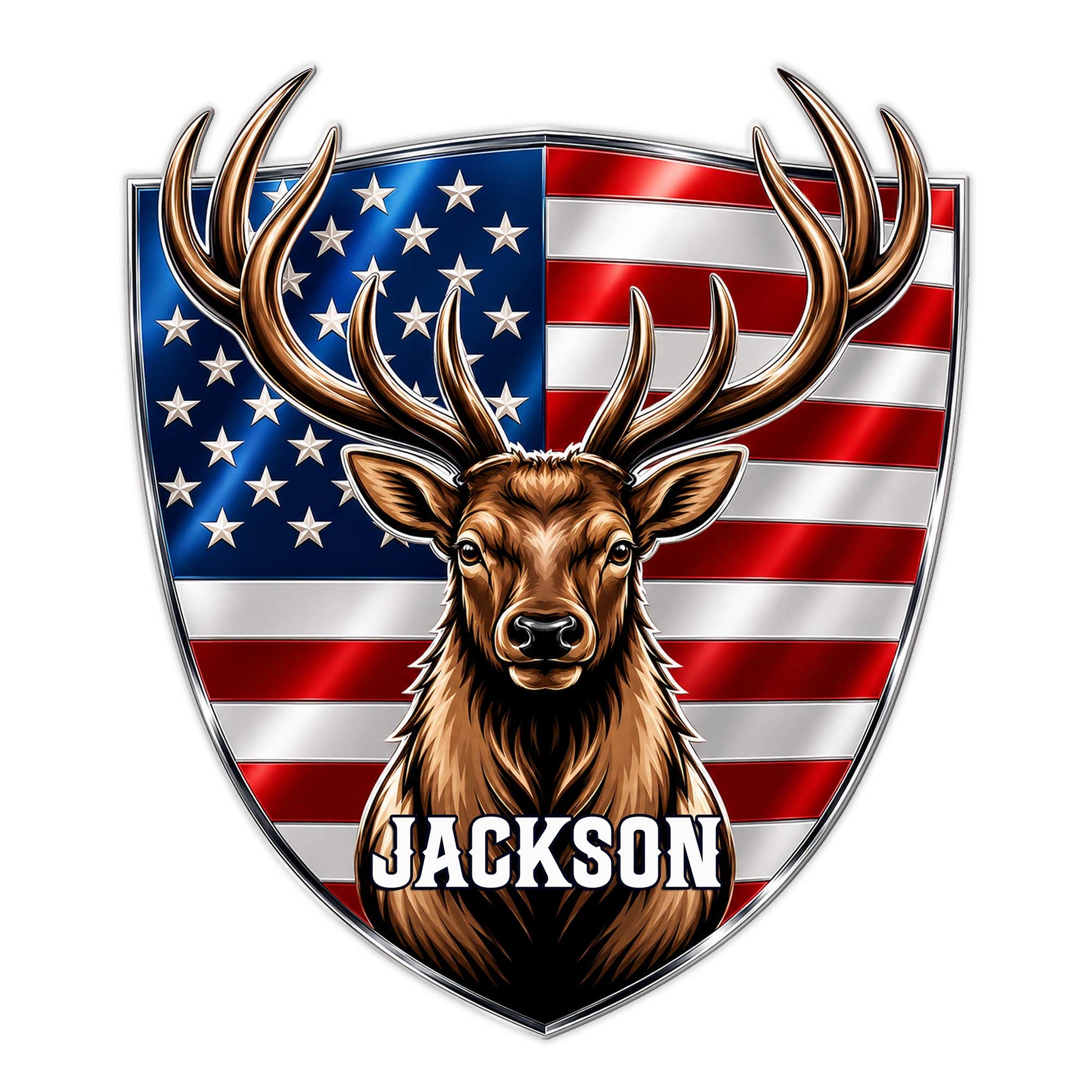 Custom deer hunting metal sign with a detailed buck portrait over an American flag shield