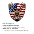 Buck hunting metal sign feature graphic showing the patriotic shield design and cut metal sign format