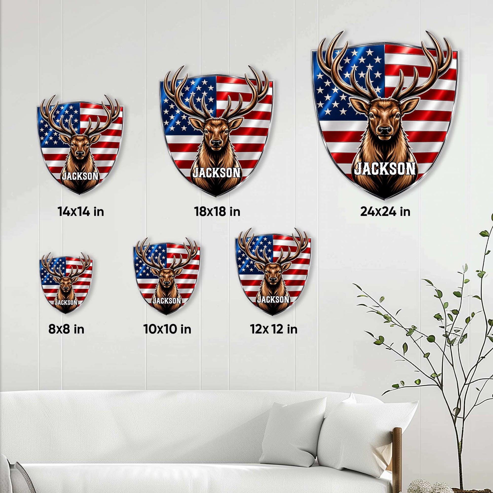 Deer hunting metal sign size guide showing six square size options from 8 by 8 to 24 by 24 inches