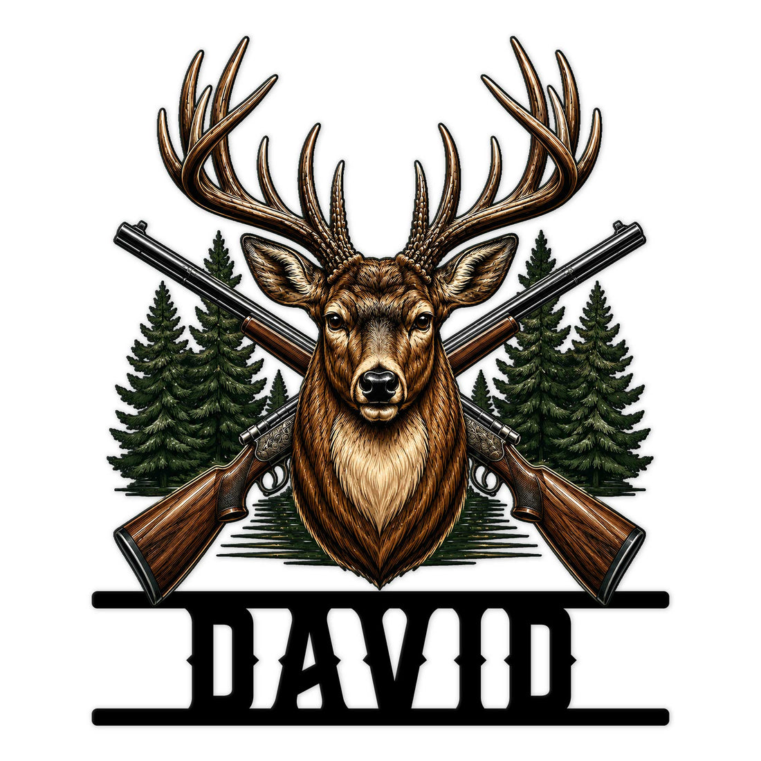 Hunting metal sign featuring a detailed deer head with antlers, crossed rifles, and evergreen trees