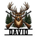 Hunting metal sign featuring a detailed deer head with antlers, crossed rifles, and evergreen trees