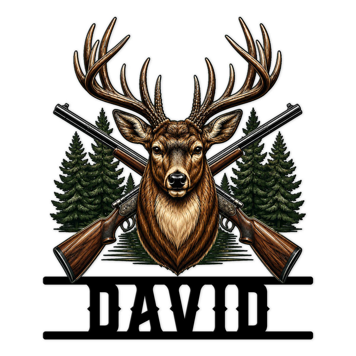 Hunting metal sign featuring a detailed deer head with antlers, crossed rifles, and evergreen trees