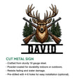 Cut metal hunting sign showcasing a deer, crossed hunting rifles, and forest artwork with product features
