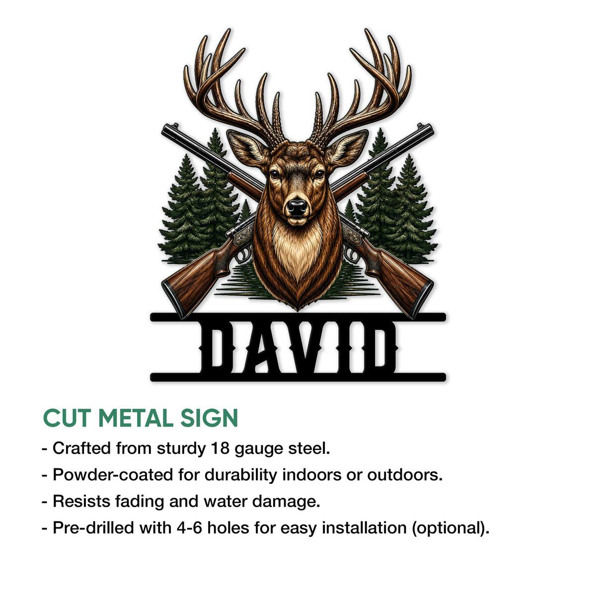 Cut metal hunting sign showcasing a deer, crossed hunting rifles, and forest artwork with product features