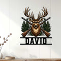 Hunting wall decor displayed on a light wood wall, featuring a deer and crossed rifles in a forest scene