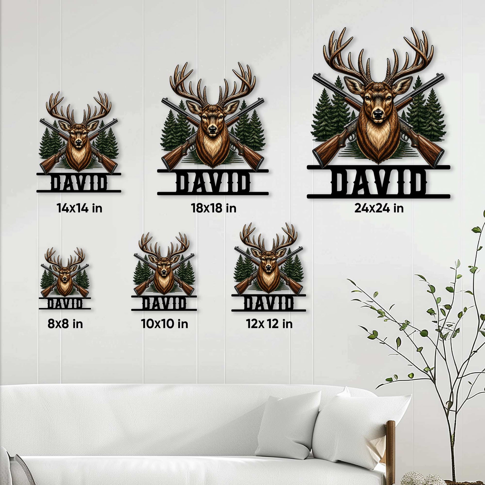 Hunting sign size guide showing the deer and crossed rifle design in six square dimensions