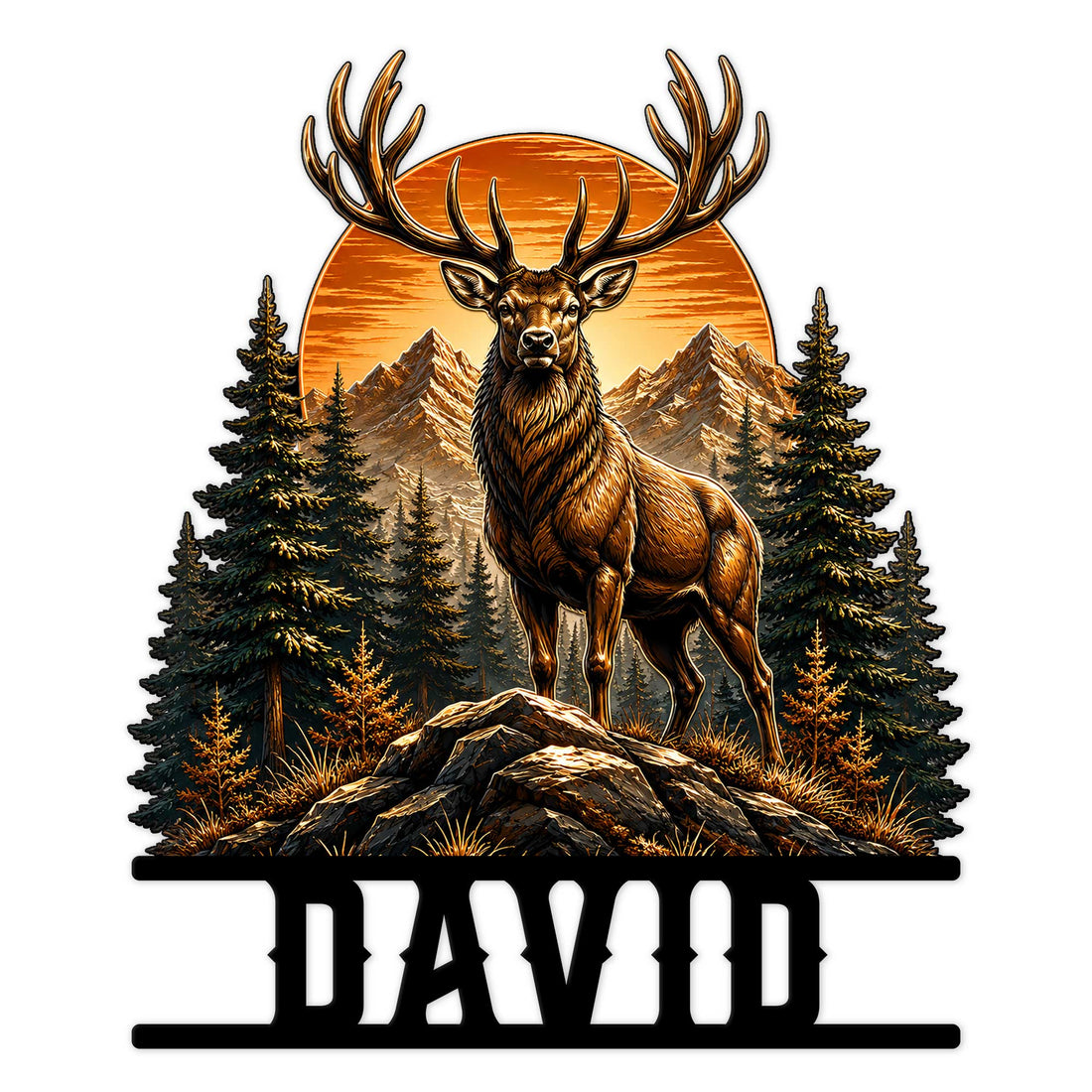 Custom hunting metal sign featuring a majestic stag in a pine forest with mountain scenery and a sunset backdrop