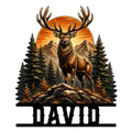 Custom hunting metal sign featuring a majestic stag in a pine forest with mountain scenery and a sunset backdrop