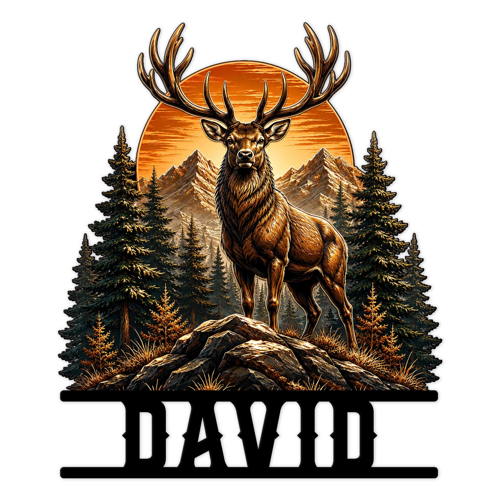 Custom hunting metal sign featuring a majestic stag in a pine forest with mountain scenery and a sunset backdrop