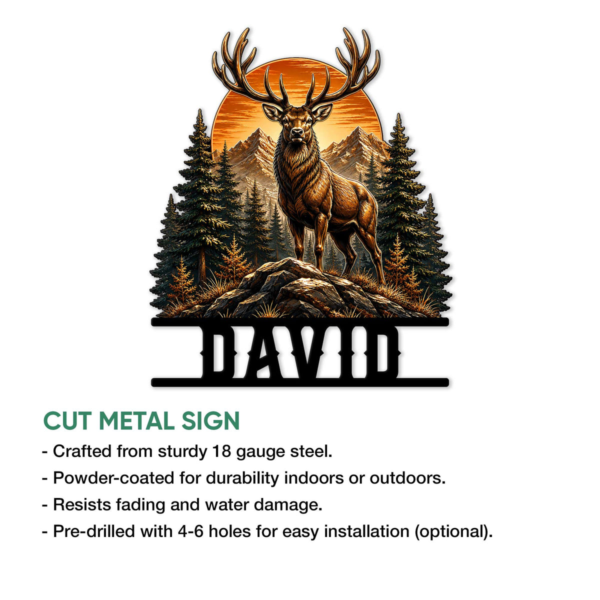 Cut metal hunting sign showcasing a detailed deer standing among evergreen trees, rocks, and mountain peaks