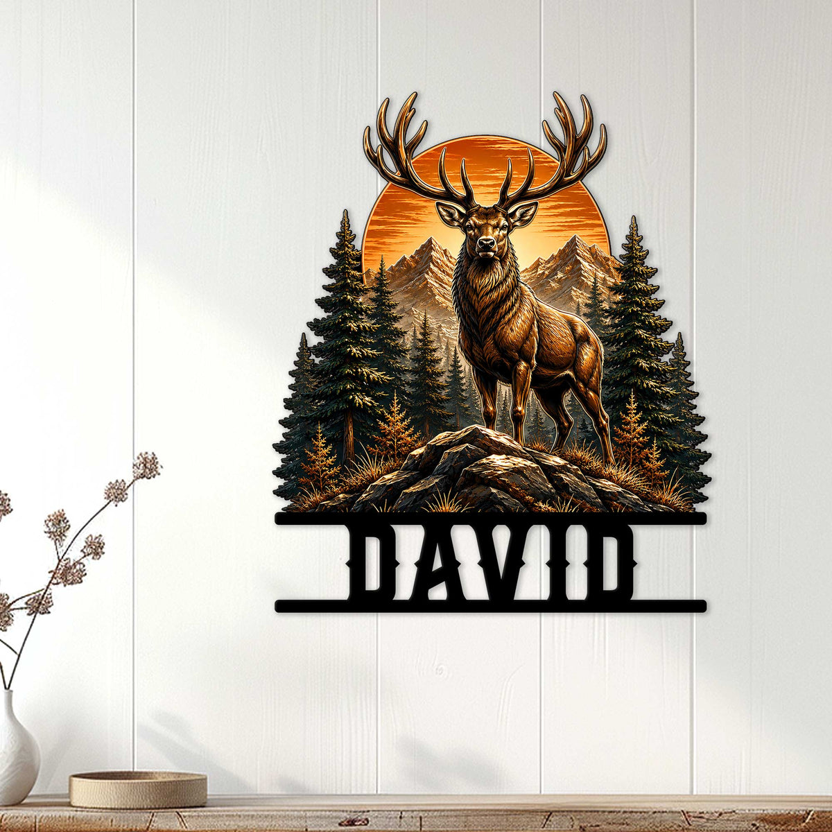 Stag hunting wall decor displayed on a light wood wall above a console for lodge-inspired home styling