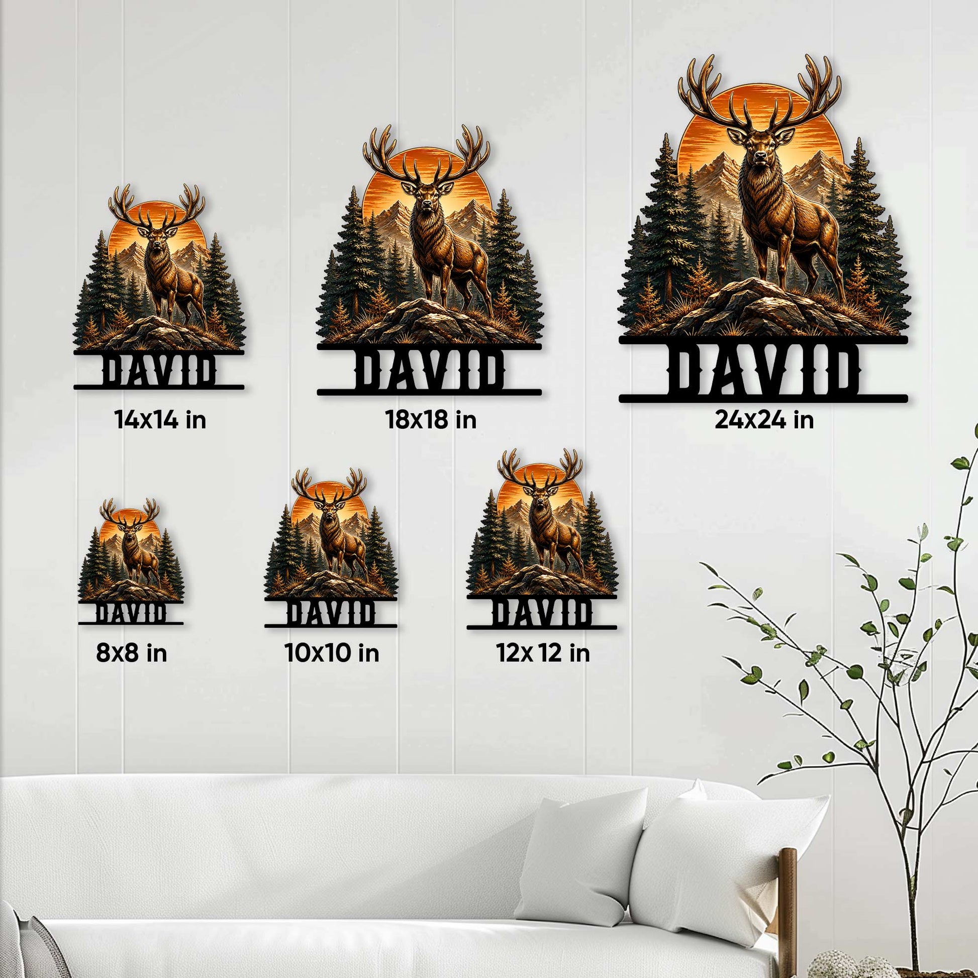 Hunting metal sign size guide showing available square sizes from 8 by 8 inches through 24 by 24 inches