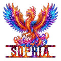 Vibrant phoenix bird metal sign with sweeping wings and flame-like plumage