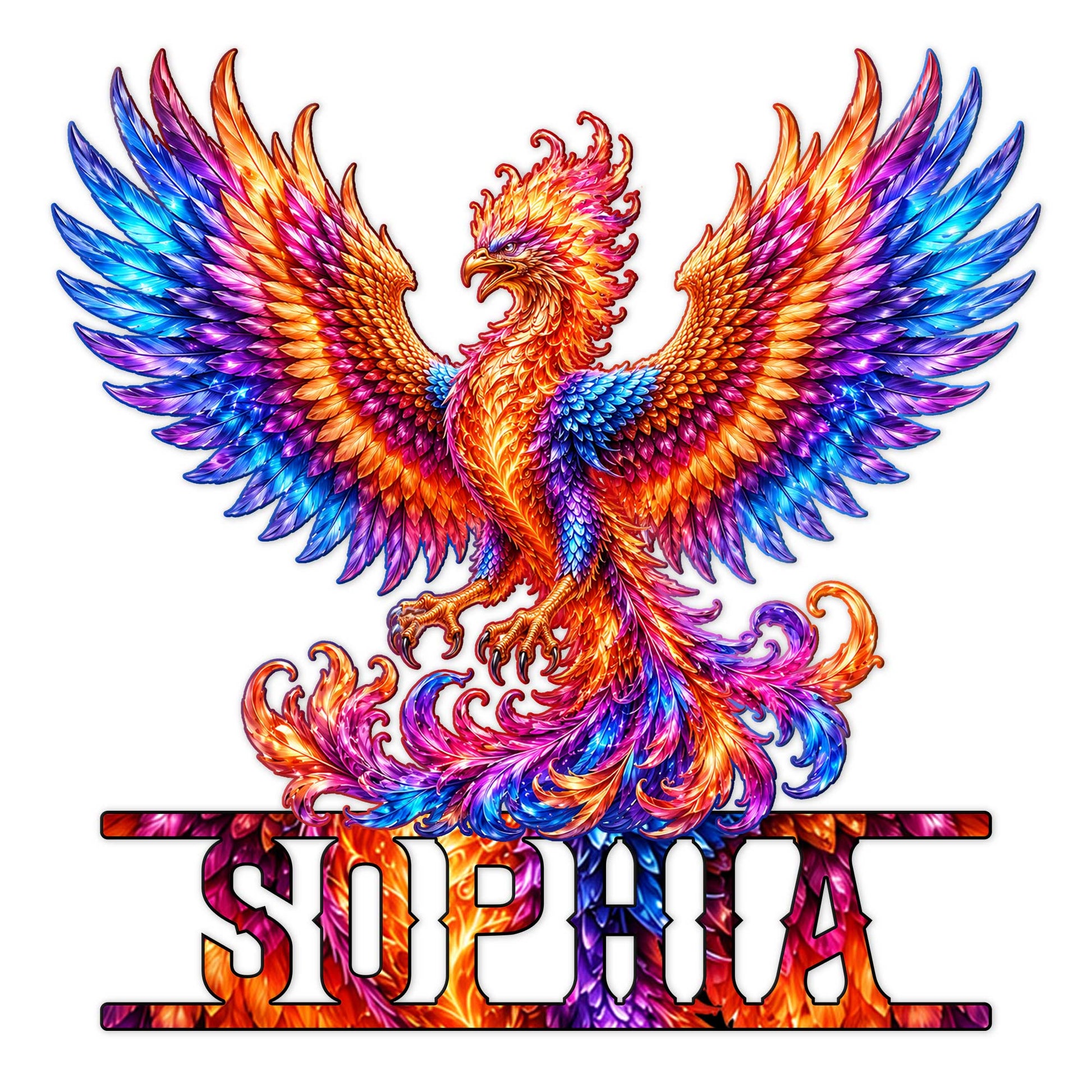Vibrant phoenix bird metal sign with sweeping wings and flame-like plumage
