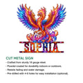 Phoenix bird metal sign shown in a cut-metal product feature graphic