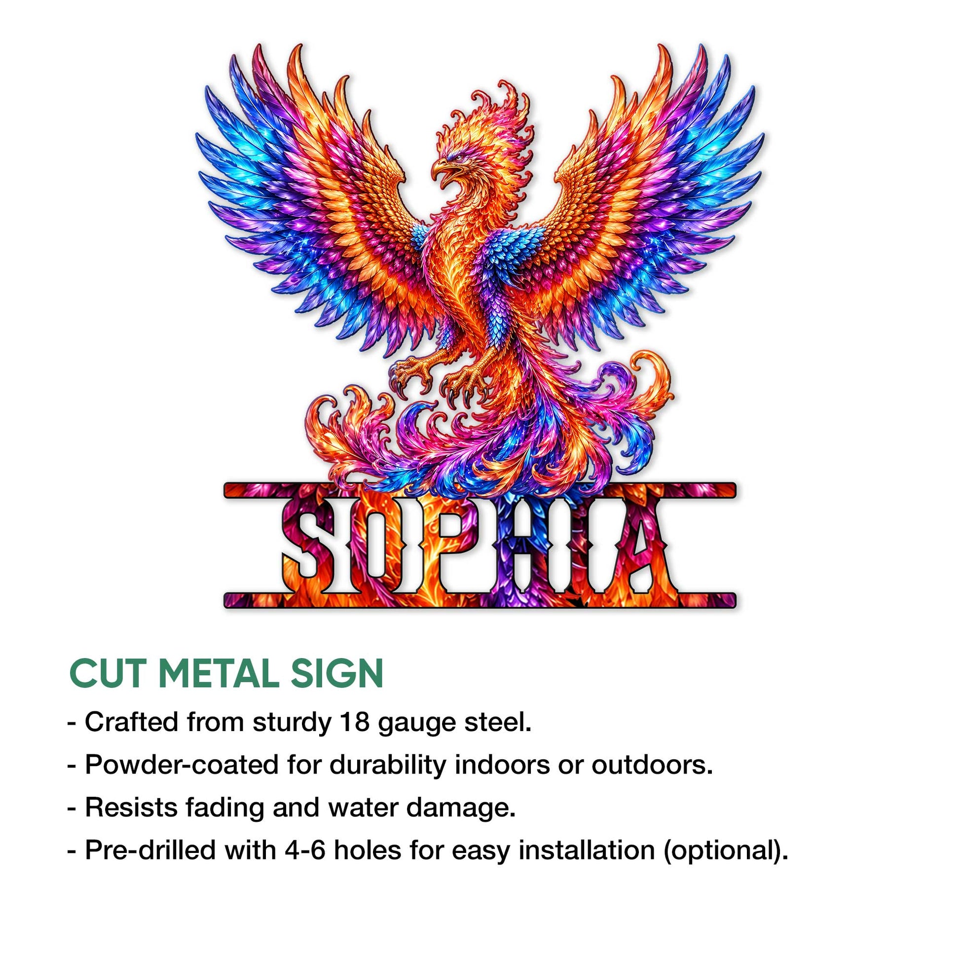 Phoenix bird metal sign shown in a cut-metal product feature graphic
