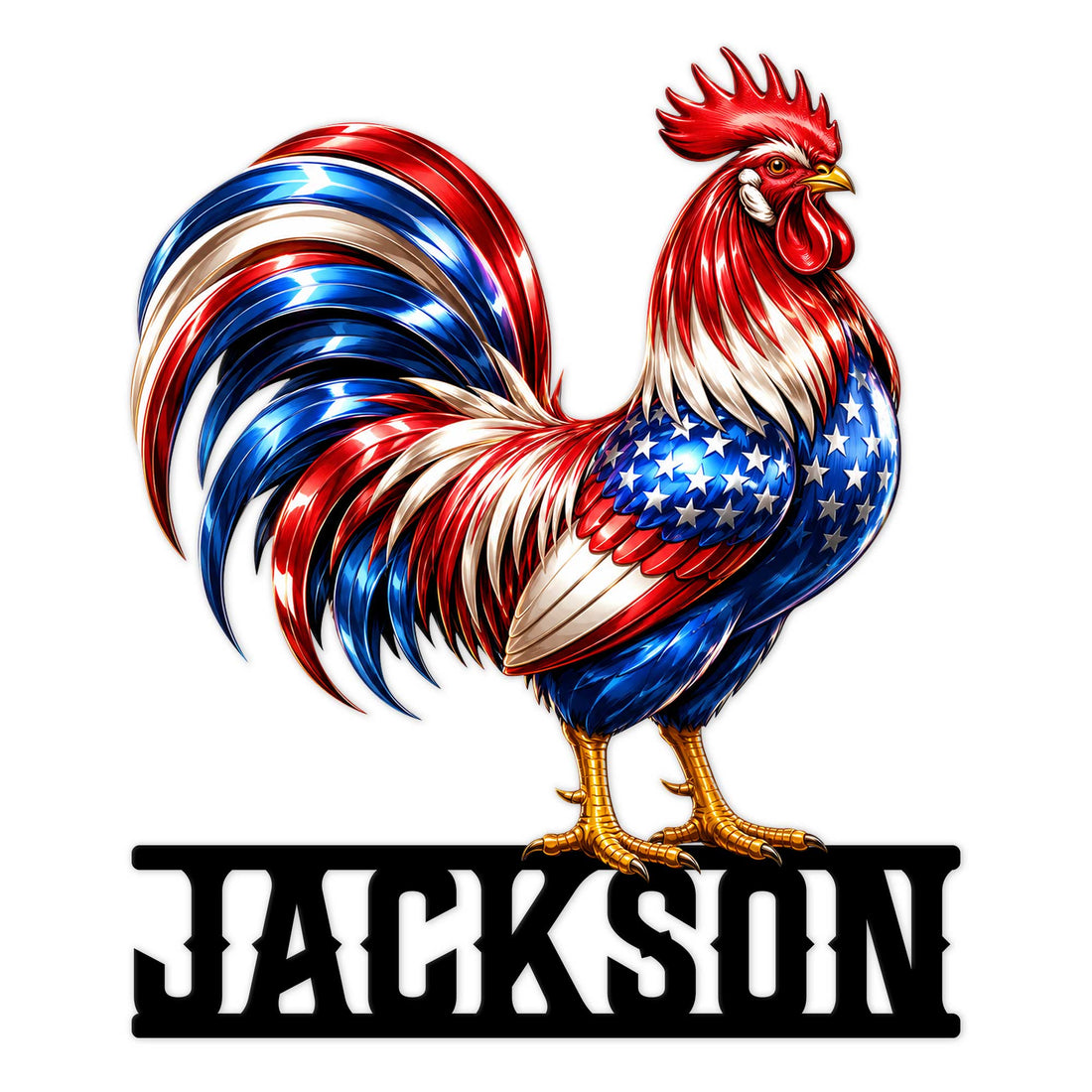 Colorful patriotic rooster metal sign featuring red, white, and blue feathers with a bold cutout base