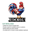 Rooster metal sign product graphic showing the patriotic chicken design and cut metal sign features