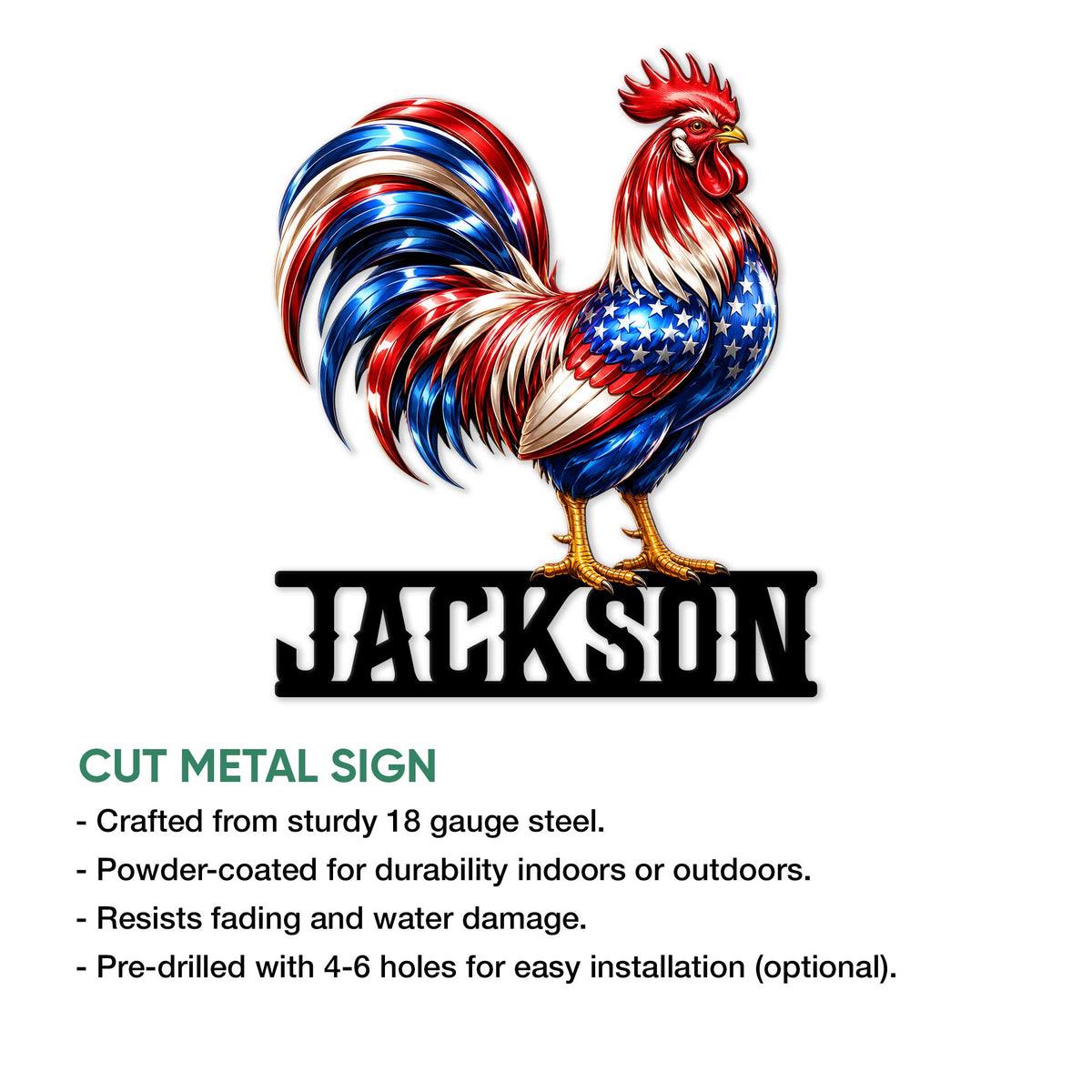 Rooster metal sign product graphic showing the patriotic chicken design and cut metal sign features