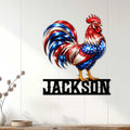 Patriotic rooster wall sign displayed on white farmhouse paneling as country chicken decor
