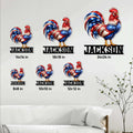 Rooster metal sign shown in multiple size options on a farmhouse wall above a sofa
