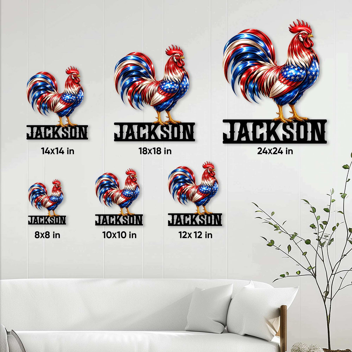 Rooster metal sign shown in multiple size options on a farmhouse wall above a sofa