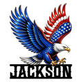 Patriotic eagle metal sign featuring a soaring bald eagle with red, white, and blue flag-inspired wings