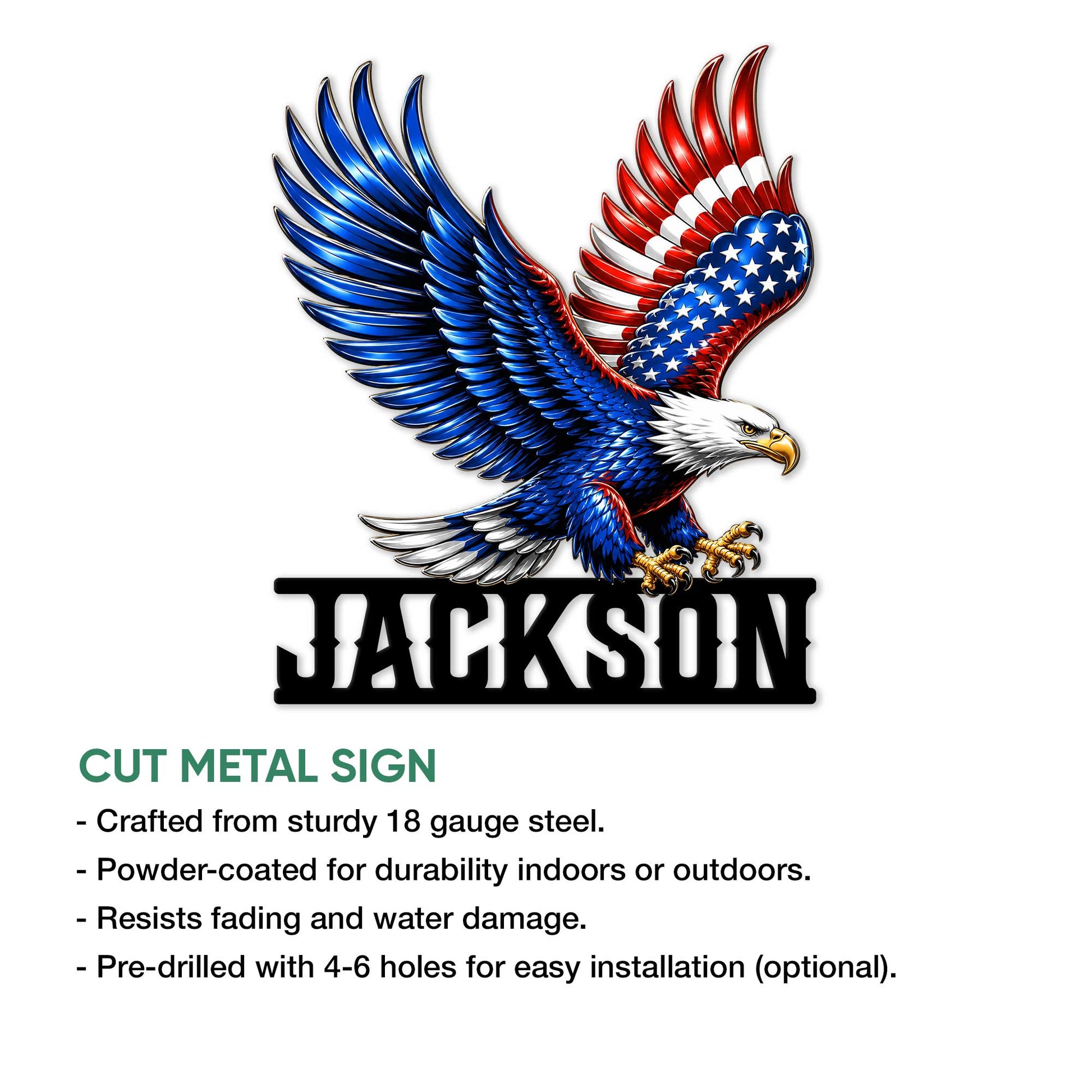 Close view of a cut metal eagle sign with a patriotic bald eagle design and dramatic spread wings