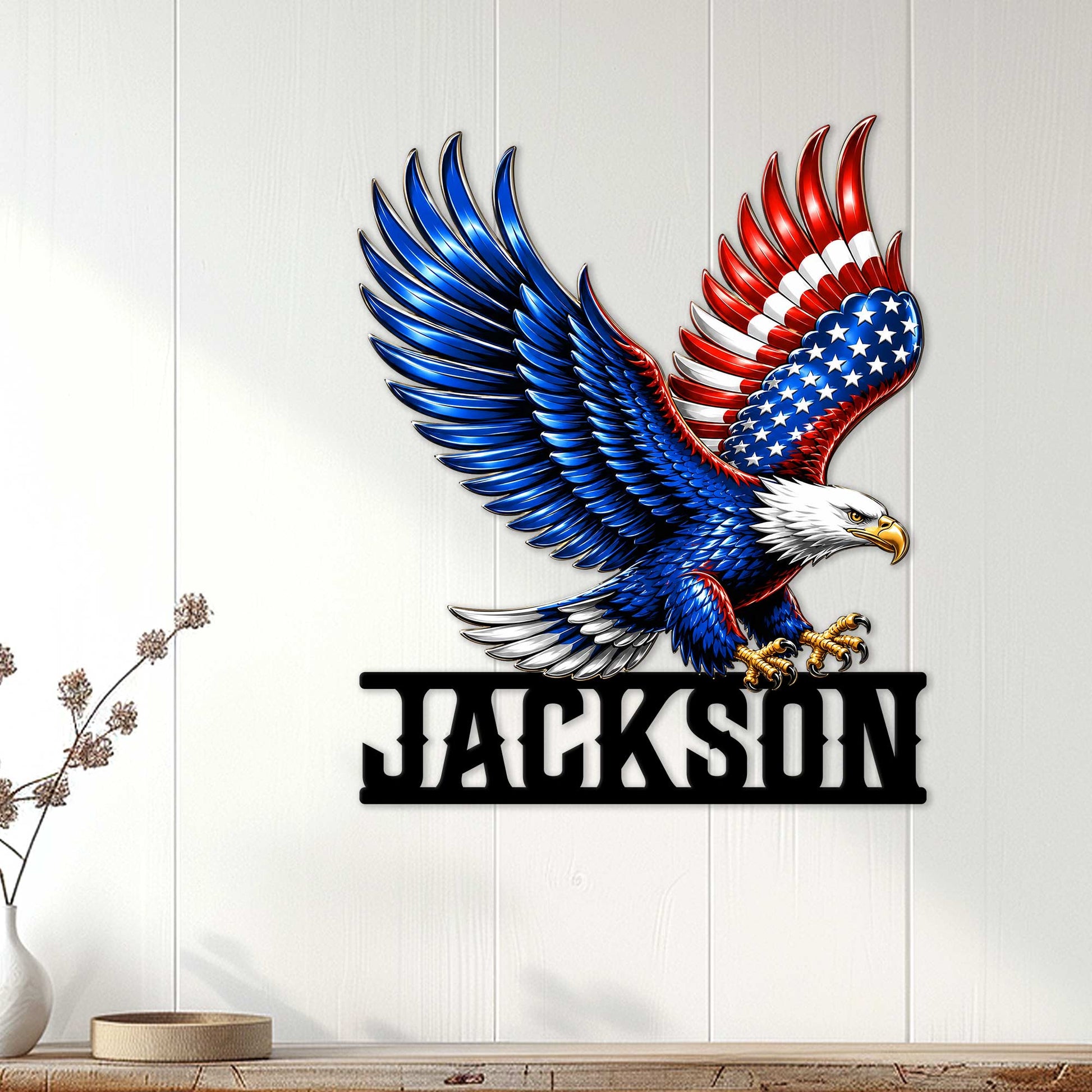 Patriotic bald eagle wall sign displayed as bold American-inspired decor on a white paneled wall