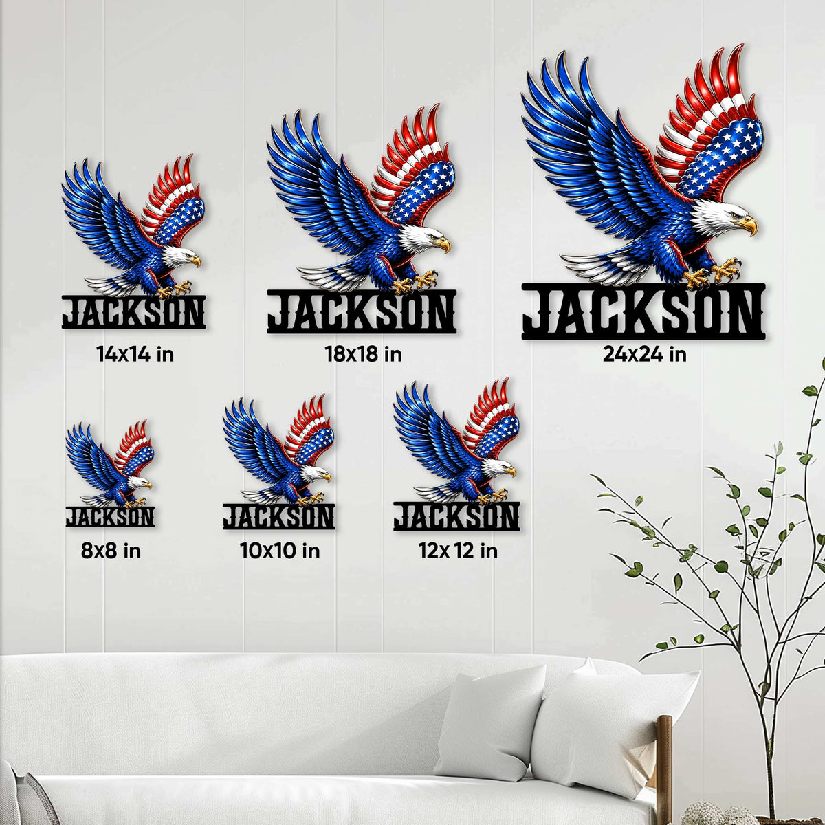 Eagle metal sign size guide showing available square sizes from 8 by 8 to 24 by 24 inches