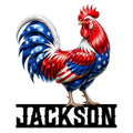 Patriotic rooster metal sign with bold red, white, and blue feather artwork