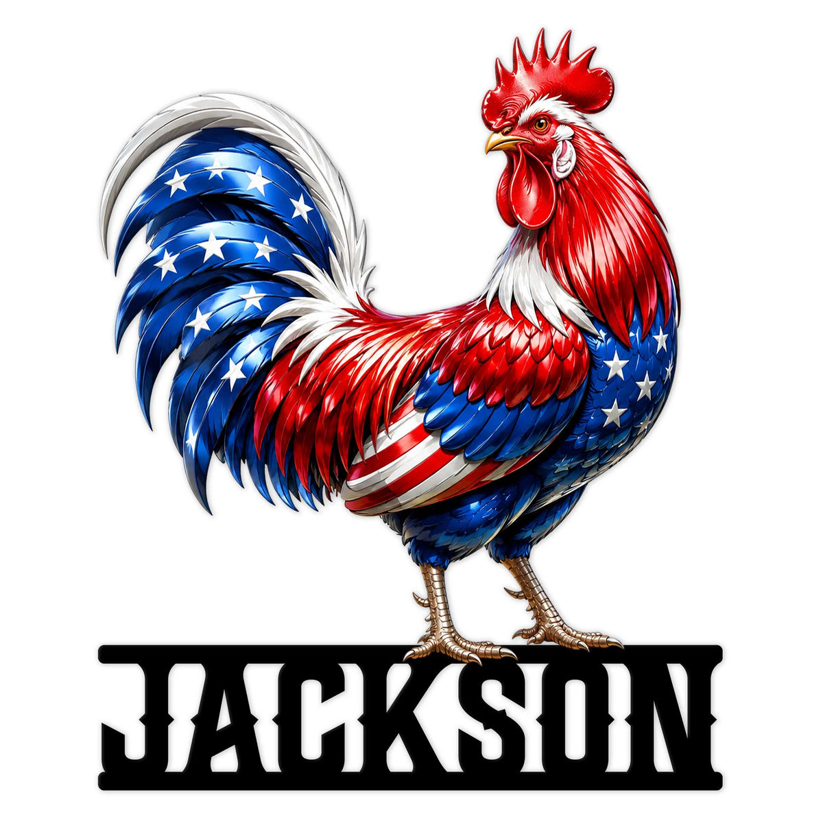 Patriotic rooster metal sign with bold red, white, and blue feather artwork